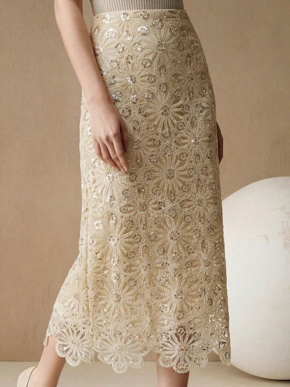 Apricot Elegant Women's Regular Fit Hollow Out Sequin detailed Skirt